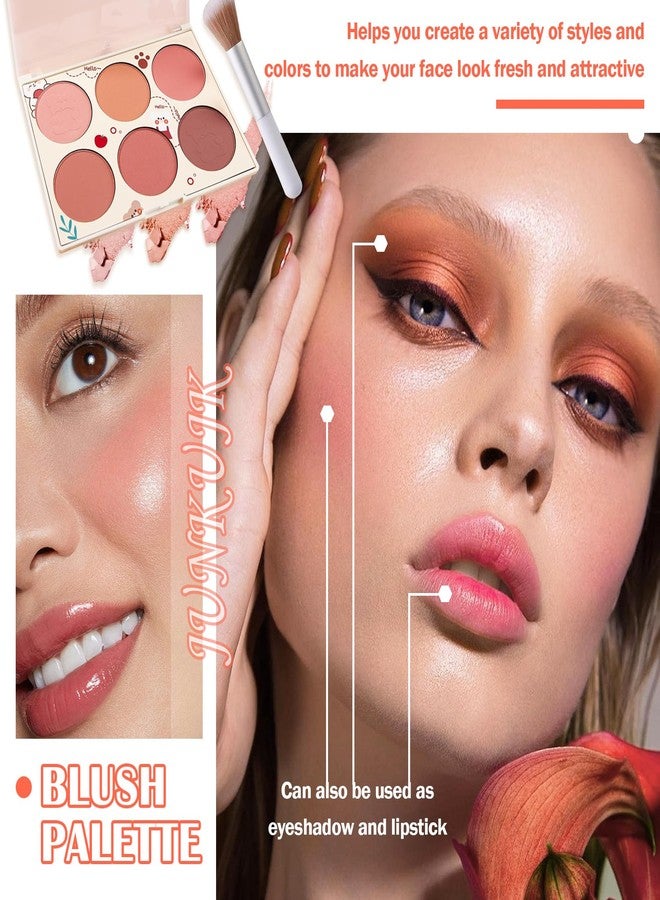 JunKuJk 6 Color Shimmer Silky Matte Blush & Contour Highlighter Set With Makeup Brush - Image 2